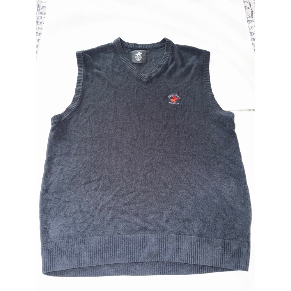 Beverly Hills Polo Club Mens Sweater Vest Navy Blue V-Neck XL Acrylic Knit Logo
